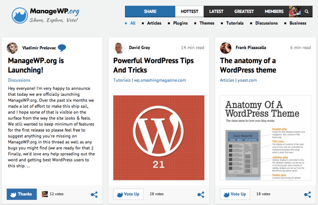 ManageWP: Social Bookmarking Site for WordPress Fans