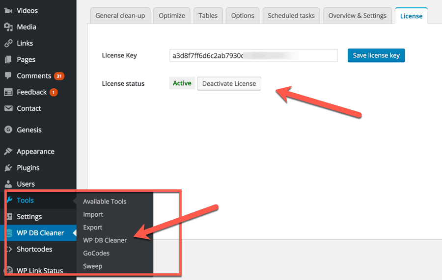 Activate WordPress database cleaner plugin