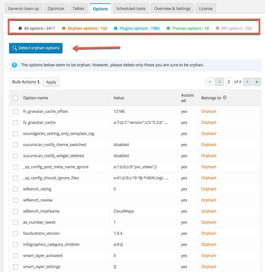 Delete WordPress Orphan Options table