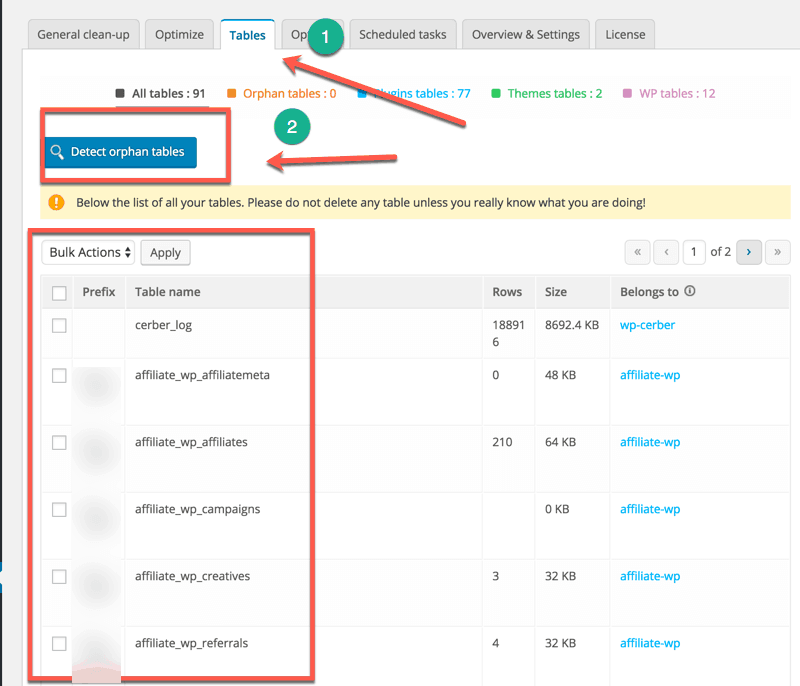 detect Orphan WordPress tables