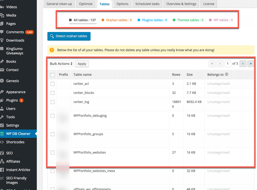 unused tables in WordPress